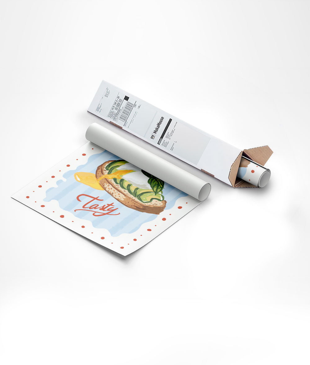 Poster cuisine illustration toasty tasty roulé sur tube et emballé dans un carton triangulaire