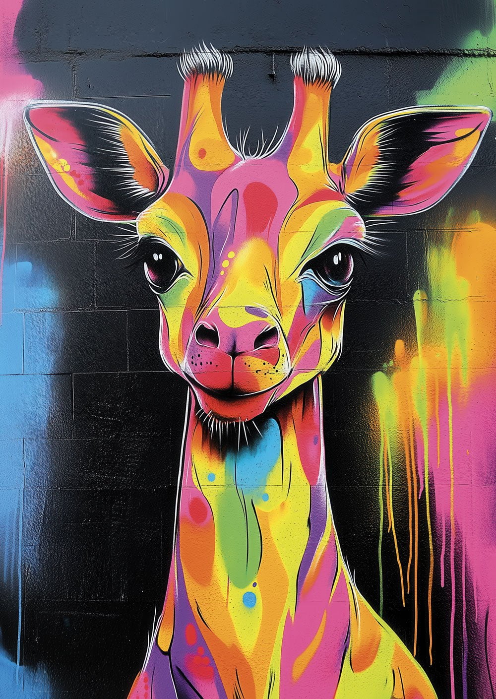 Affiche street-art d'un graffiti représentant une girafe aux couleurs pop sur fond noir.