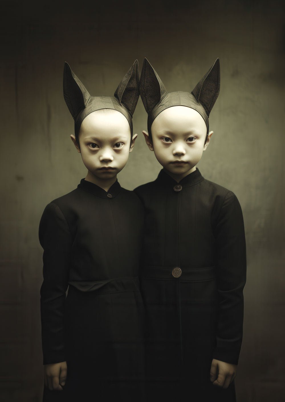 Affiche décoration cabinet de curiosités représentant une photo sépia de 2 enfants siamois avec un bonnet de lapin.