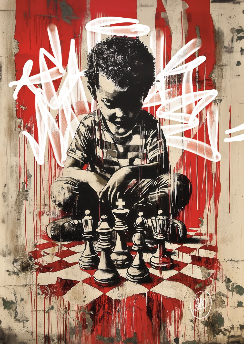 Affiche Street-Art d'un jeune garcon devant un échiquier, dans le style de Banksy et Obey.