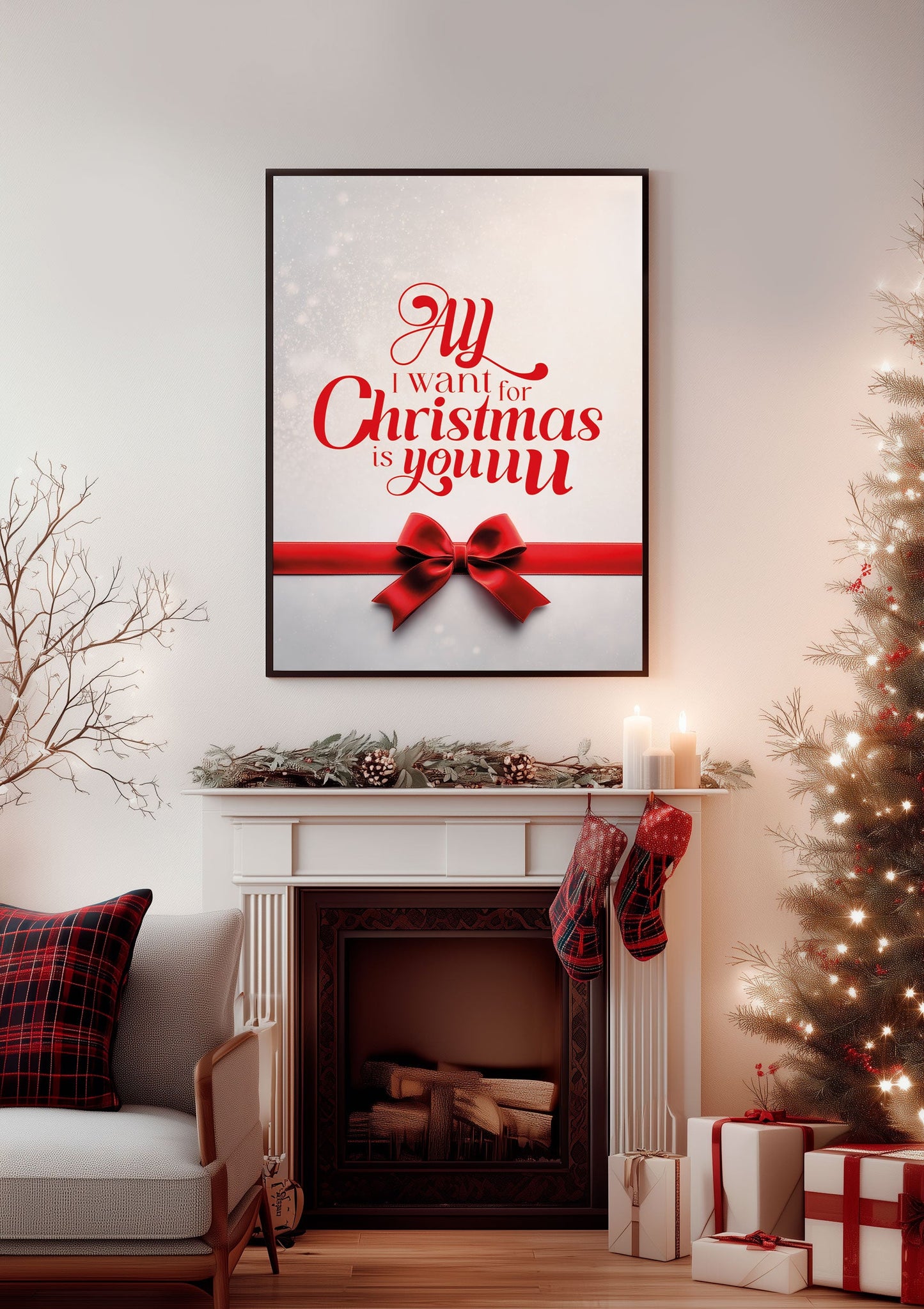 Affiche de noël citation "all i want for christmas" encadrée dans un salon décoré