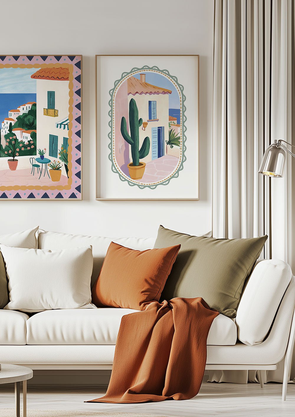 Duo d'affiches illustration paysages italien cactus et mer au loin, dans un salon.