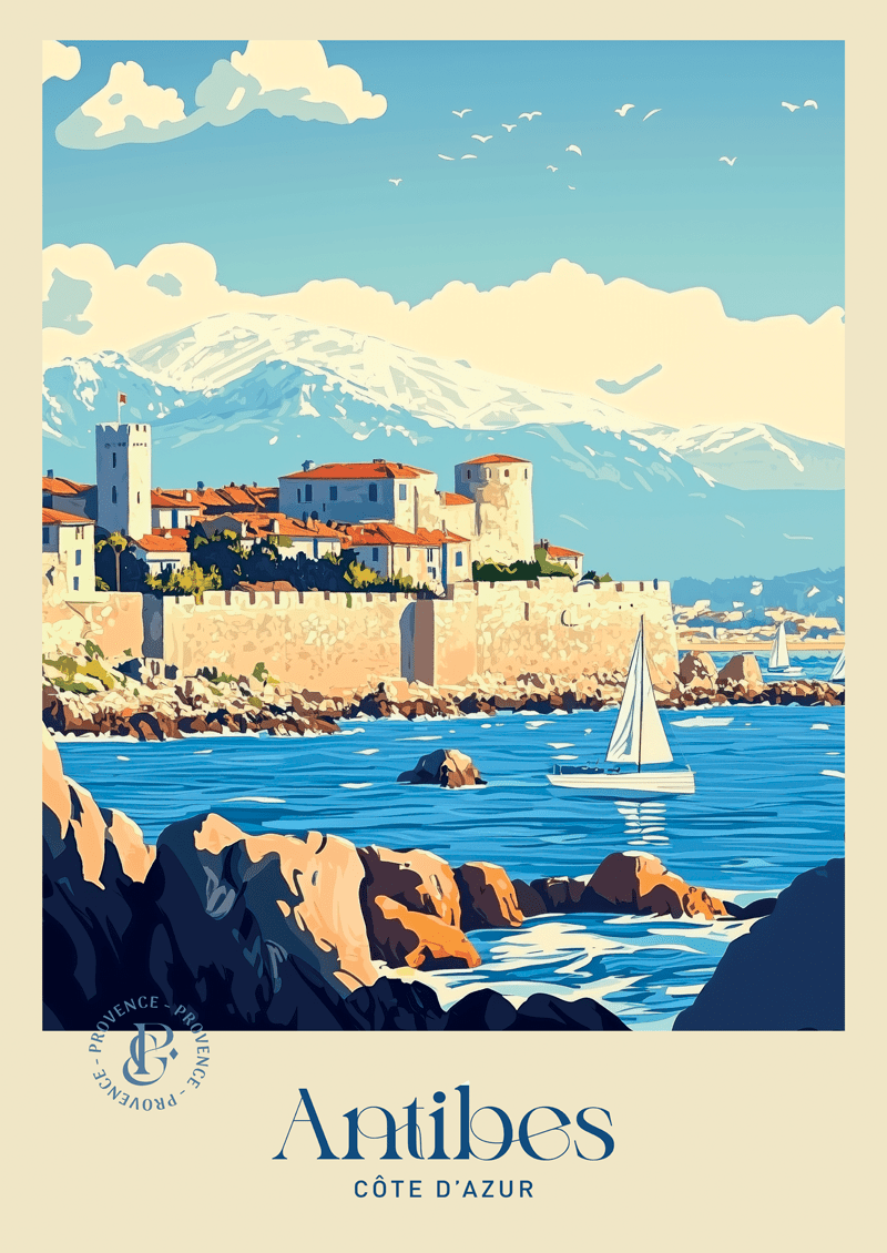 Affiche vintage de la ville d'Antibes, vue sur les remparts avec le titre Antibes.