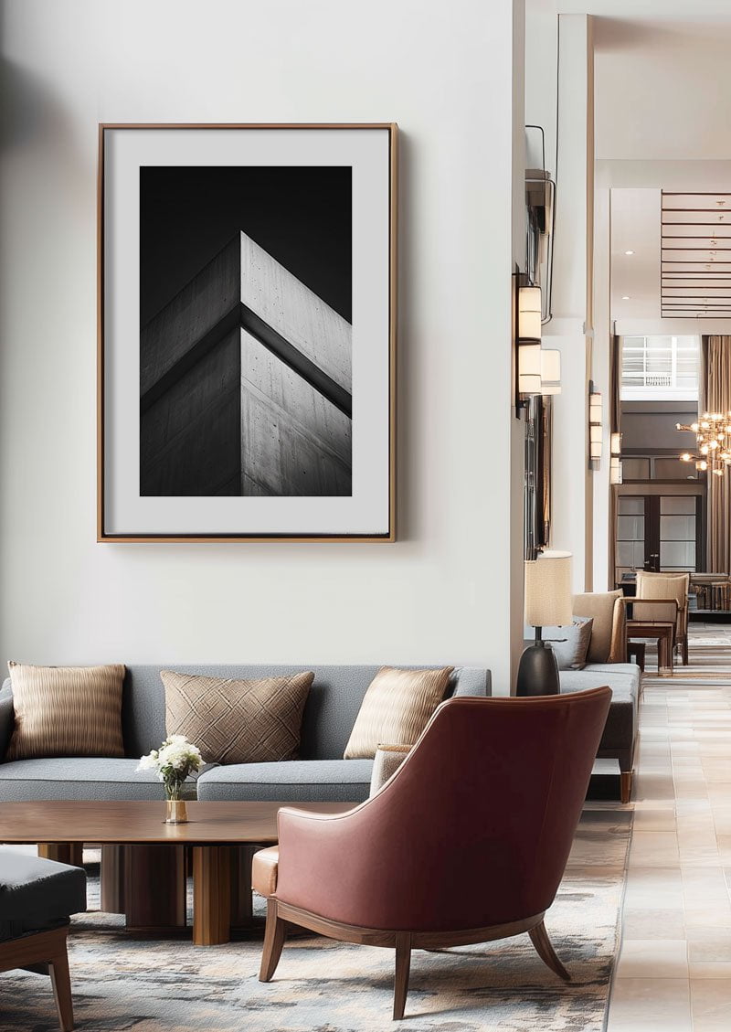 Poster déco en noir et blanc angle architectural en contre plongée encadrée dans un hall