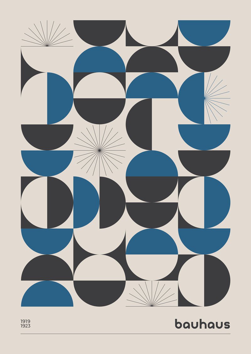 Affiches bauhaus de formes géométriques répétitives bleu et noir sur fond blanc.