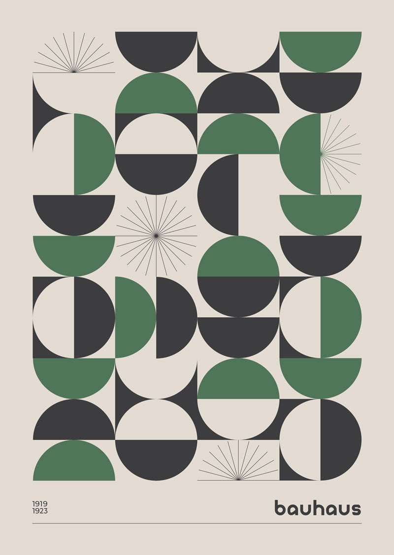 Affiches bauhaus de formes géométriques répétitives vert et noir sur fond blanc.