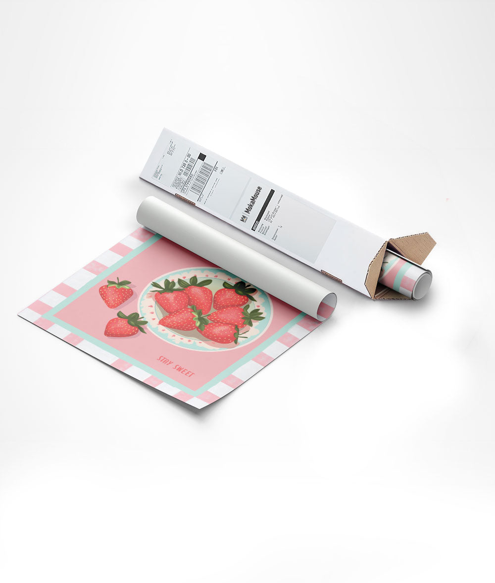 Emballage de l'affiche fruit pop assiette de fraise "berry vibes only" dans carton triangle.
