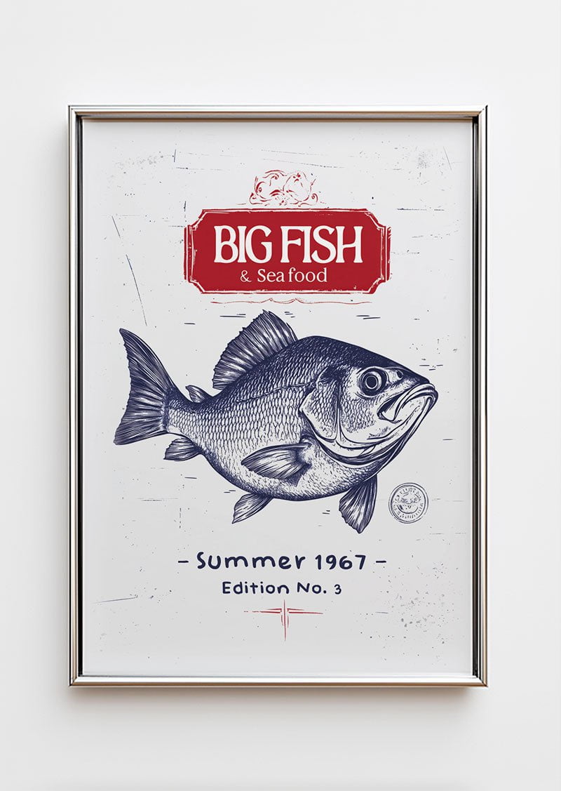 Poster mer représentant un poisson en gravure détaillée bleue dans un cadre chromé