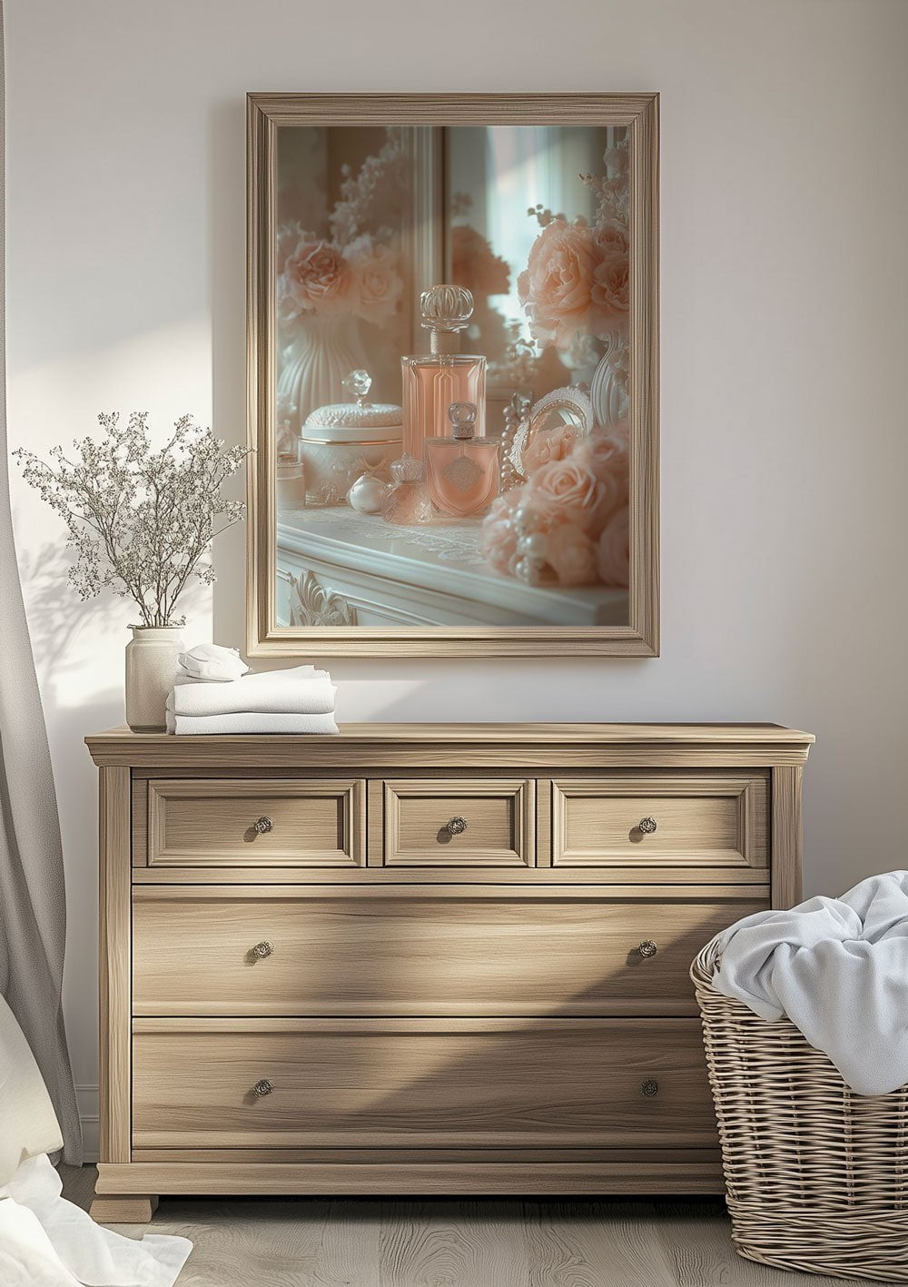 Affiche art déco 1930 d'un photo de boudoir rose encadrée au-dessus d'une commode en bois.