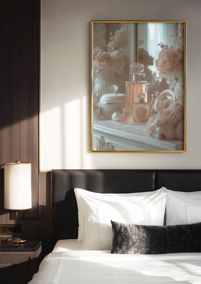 Photographie art deco 1930 d'un boudoir rose dans un cadre au dessus d'un lit