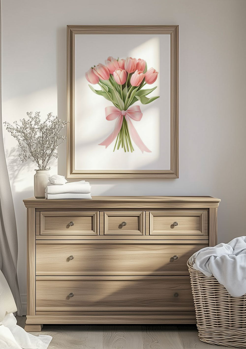 Illustration botanique bouquet de tulipes dans un cadre en bois au dessus d'un meuble.
