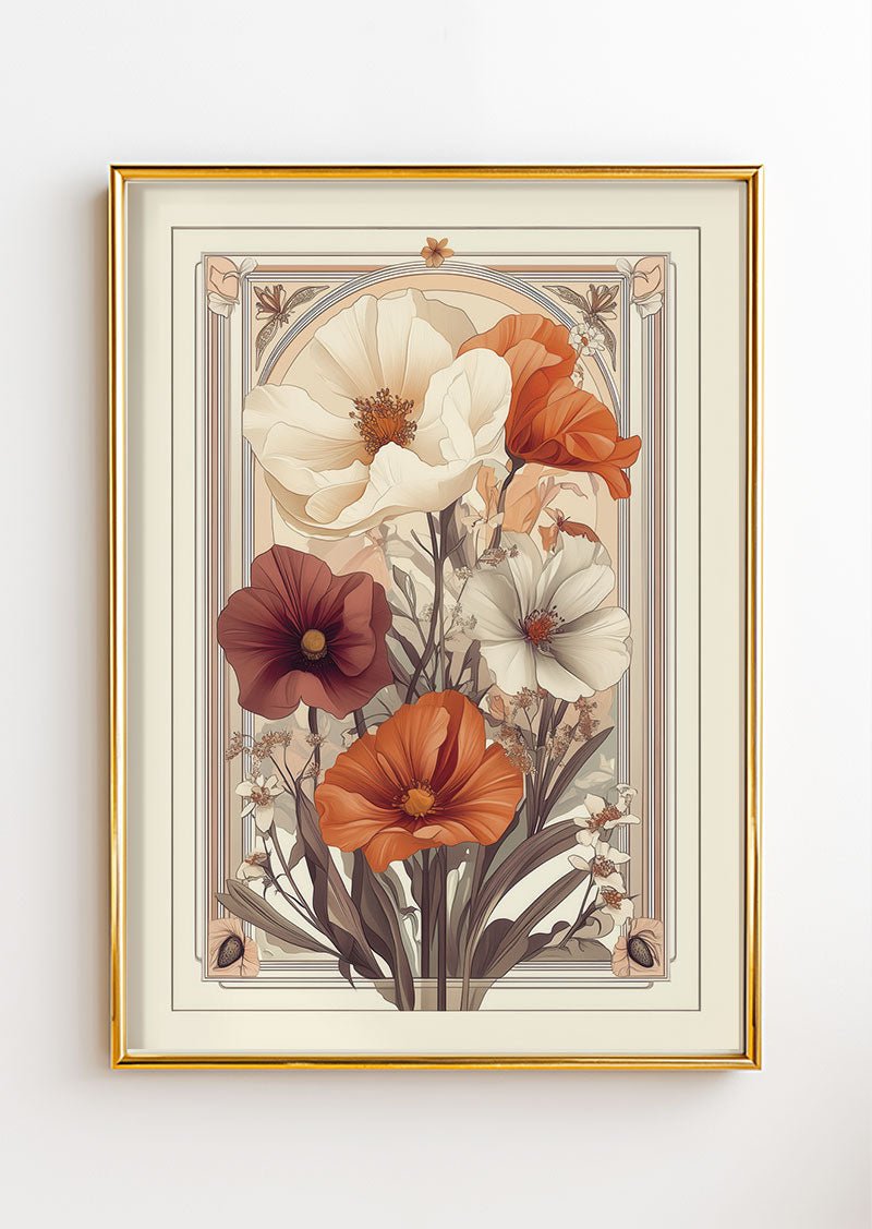 Poster art déco 1930 représentant des fleur dans les tons creme dans un cadre or.