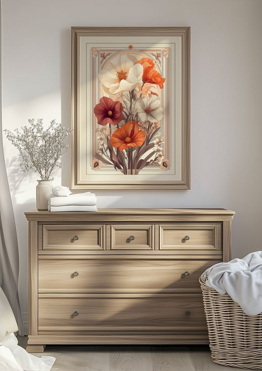 Affiche d'un bouquet floral art déco 1930 encadrée au dessus d'une commode en bois.