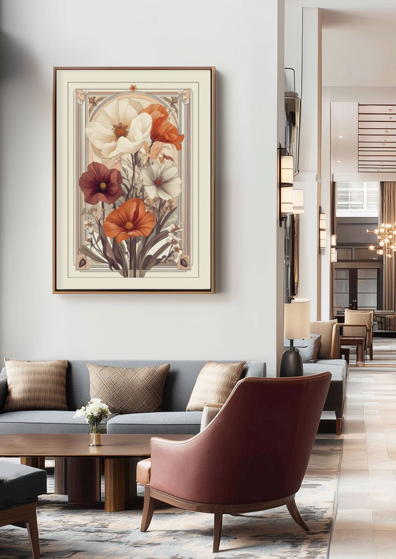 Poster art déco du bouquet floral sur un mur dans le salon d'un hotel.