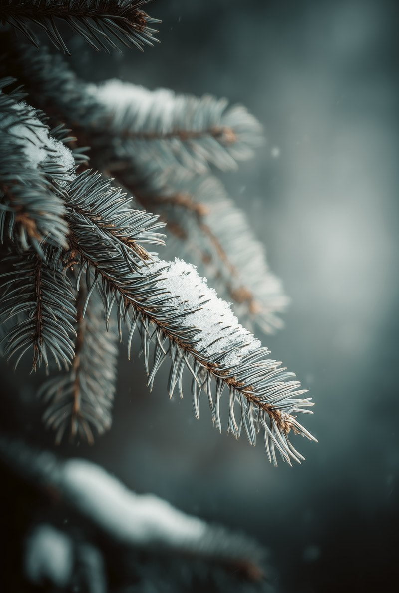 Poster hiver d'une branche d'épicéa enneigée dans des tons froids, en format 40x60cm