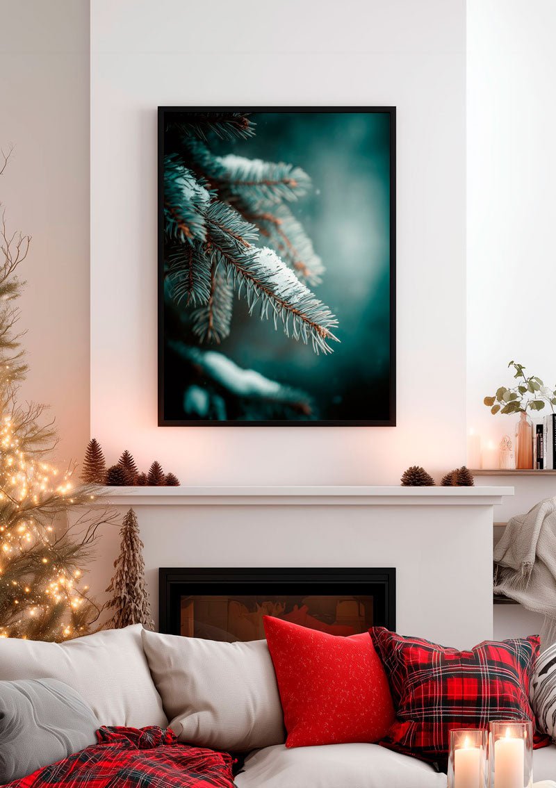 Affiche de noel d'une photo d'une branche de sapin encadrée dans un salon décorée
