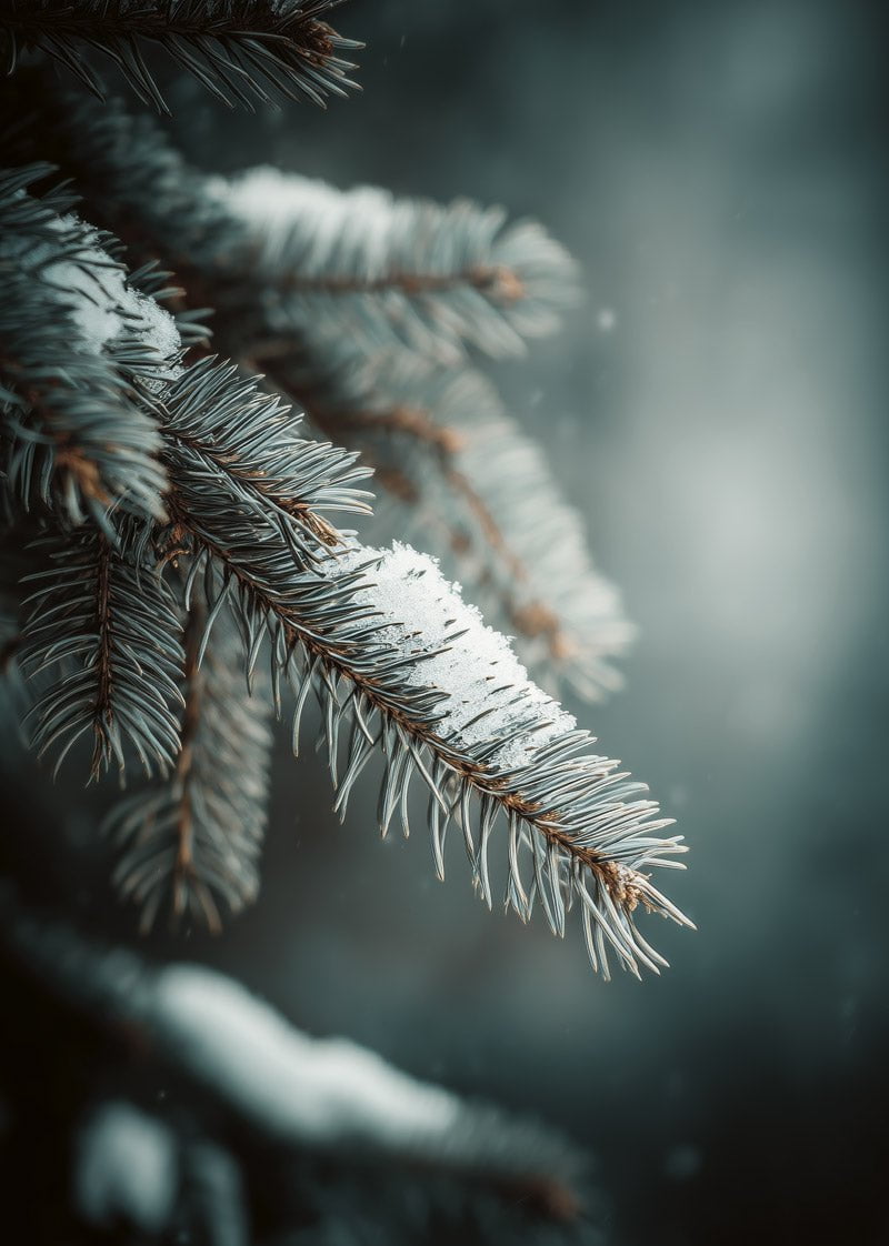 Affiche de noel d'une photographie en gros plan d'une branche d'épicéa enneigée
