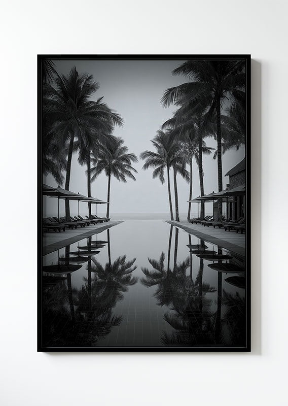 Affiche photographie noir et blanc d'une piscine et de palmiers en californie, dans un cadre