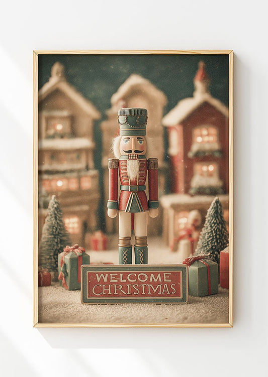 Affiche de noel représentant un casse-noisette, encadrée dans un cadre en bois