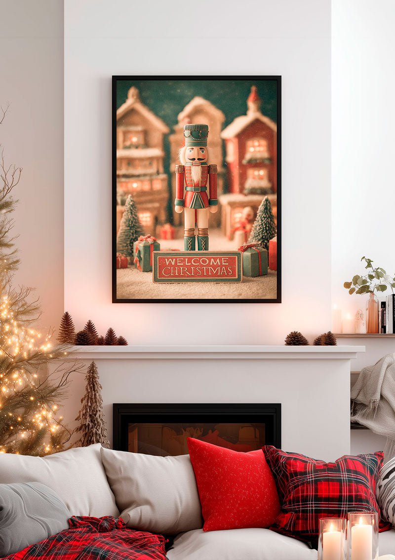 Affiche de noel du casse-noisette en tenue rouge et verte, encadrée dans un salon
