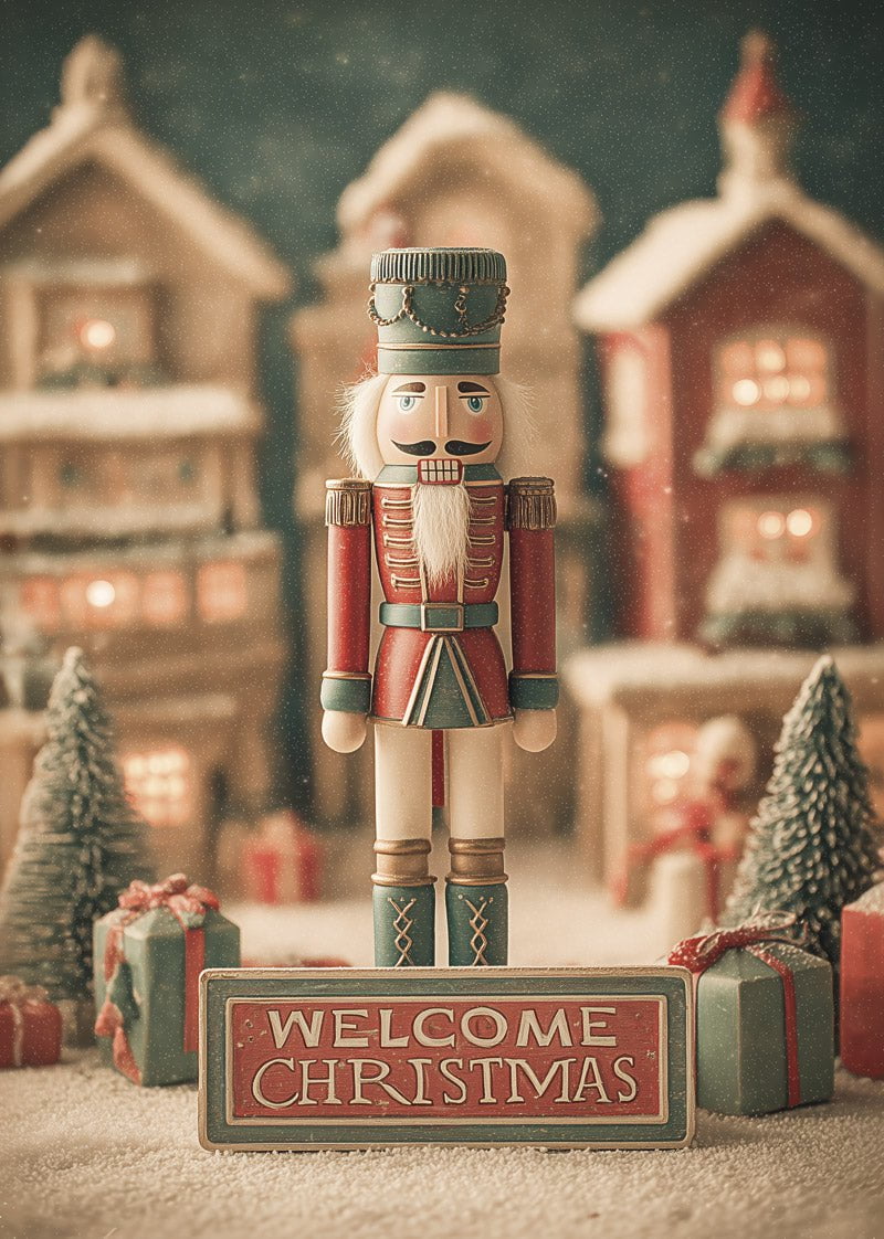 Affiche de noel illustrant un casse-noisette dans un déco de noel dans les teintes rouges et vertes