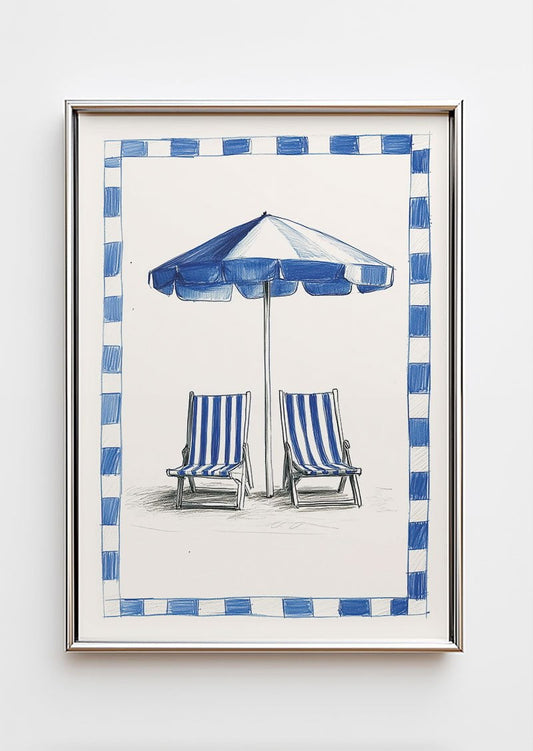 Poster mer d'un dessin de deux chaises longues et parasol dans un cadre chrome