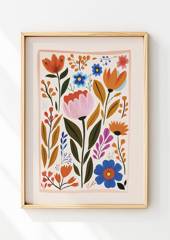 Affiche folk art d'un dessin de fleurs colorées et vives dans un cadre en bois