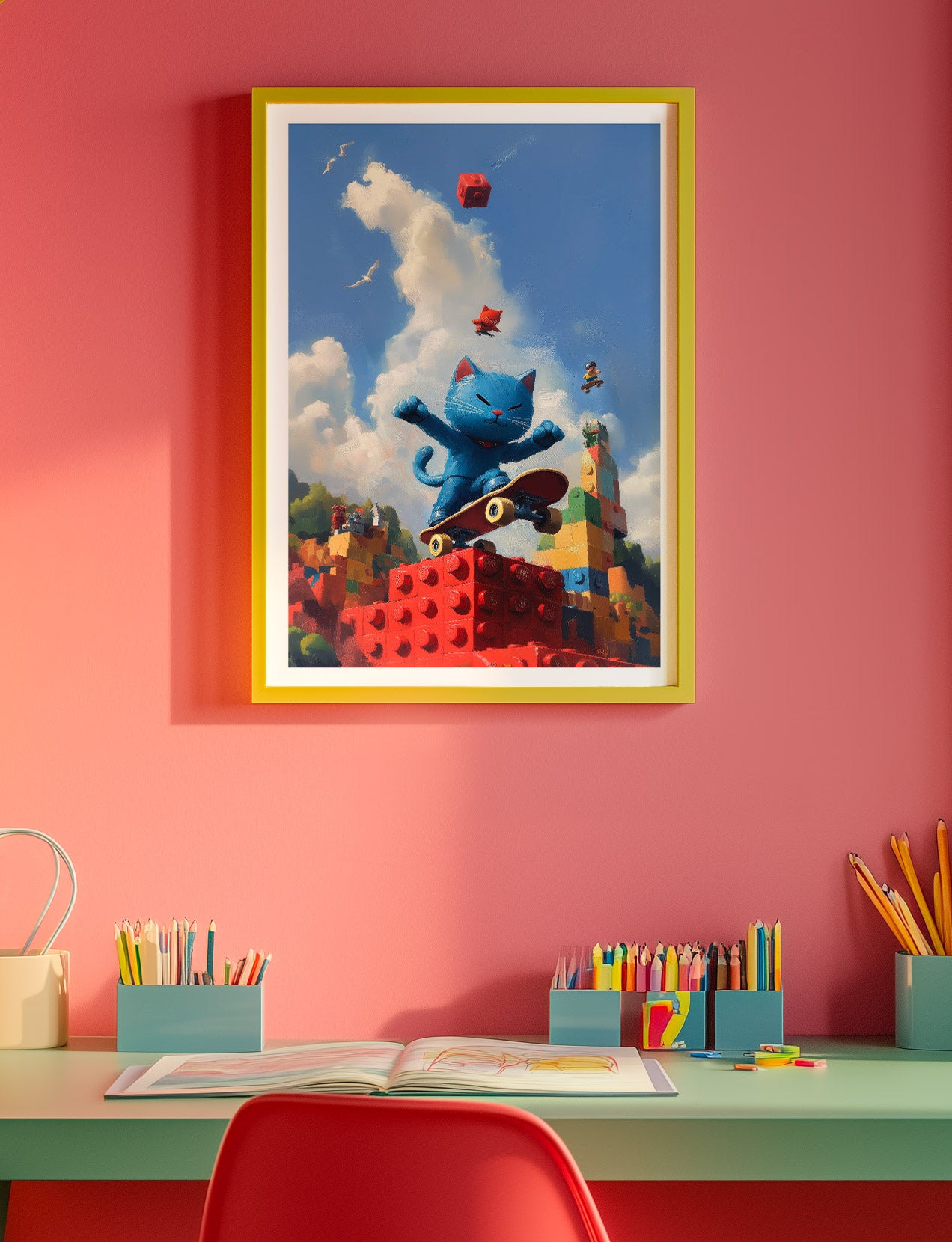 Affiche déco pop-culture chat bleu sur un skate encadrée au dessus d'un bureau.
