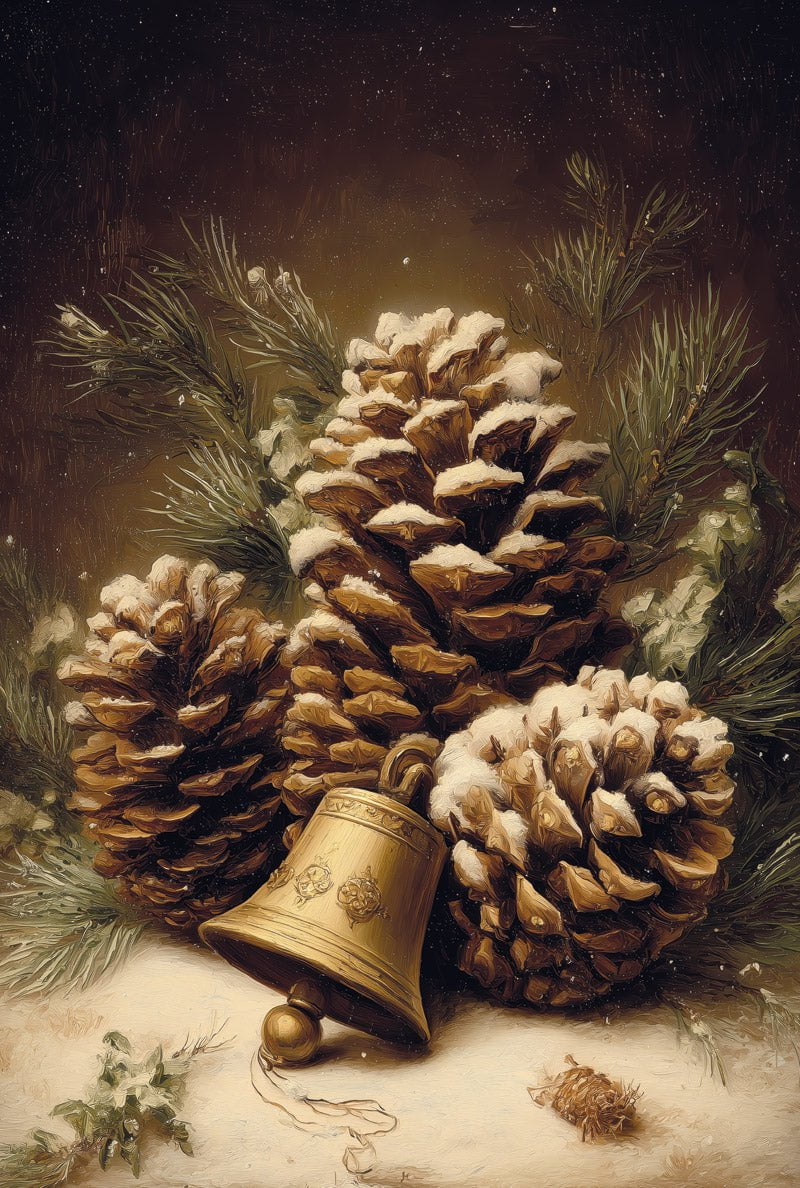 Poster hiver d'une peinture à l'huiles de pommes de pin sur fond marron
