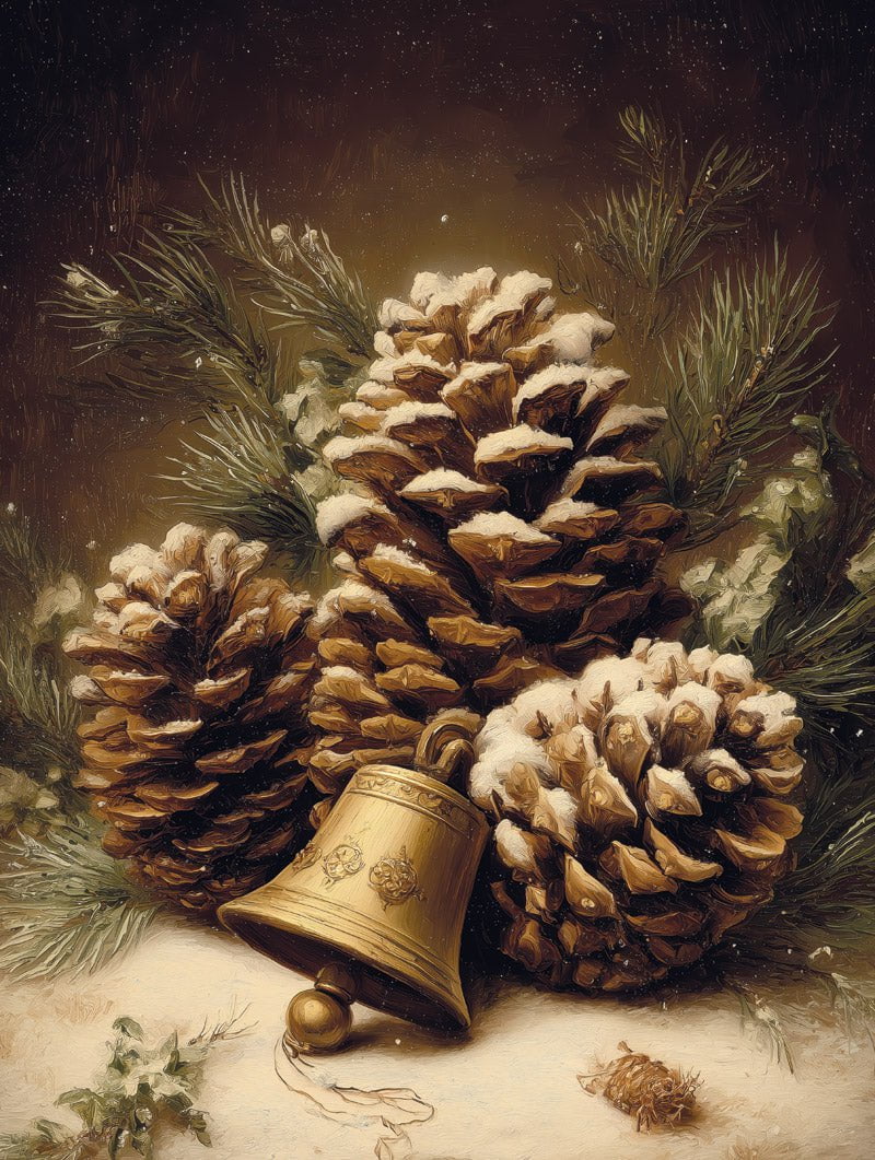 Format 30x40cm du poster de noel des pommes de pin et cloche dorée