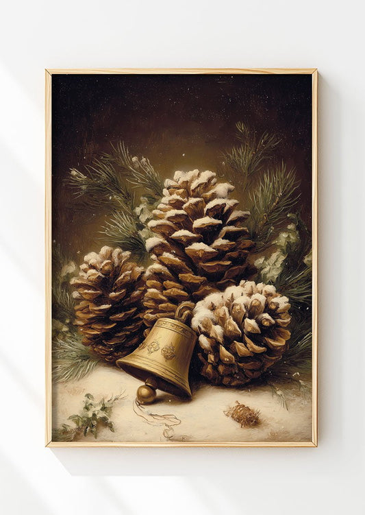 Affiche de noel d'une peinture de trois pommes de pin et une cloche dans un cadre en bois