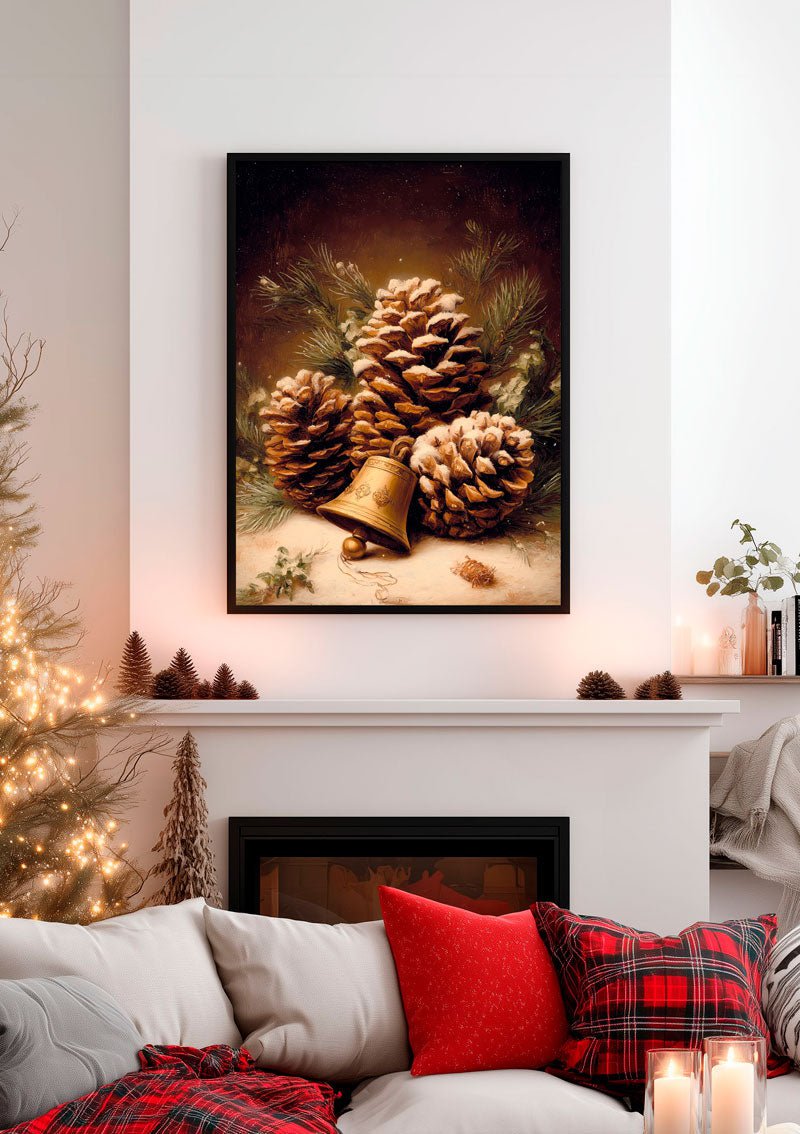 Mise en situation dans un décor chaleureux de l'affiche de noel pommes de pin