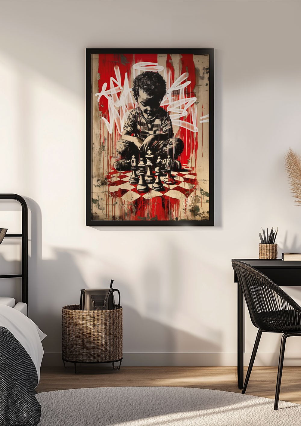 Affiche Street-Art d'un jeune garcon devant un échiquier inspirée de Banksy encadrée dans une chambre.