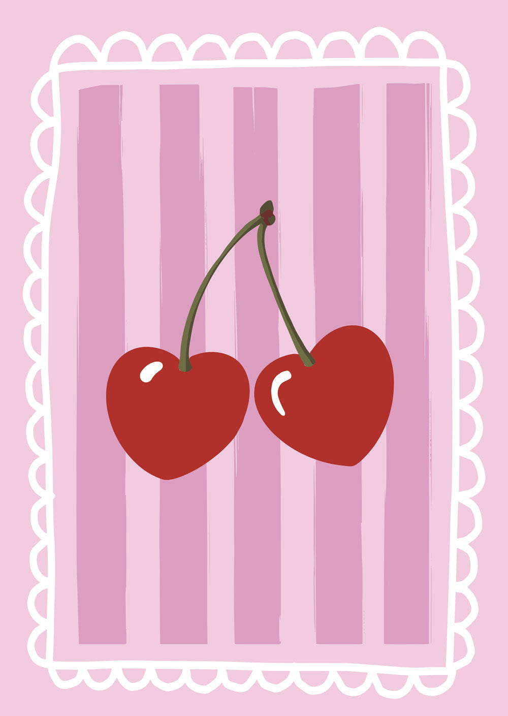 Affiche fruit pop de deux cerises en forme de cœur sur fond rose rayé et bordure festonnée.