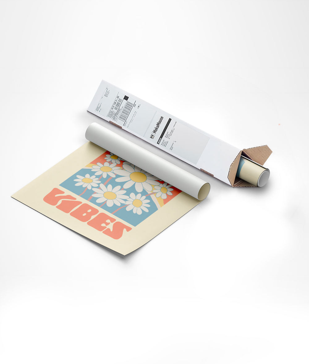 Emballage dans un carton triangulaire de l'affiche vintage pop marguerites.
