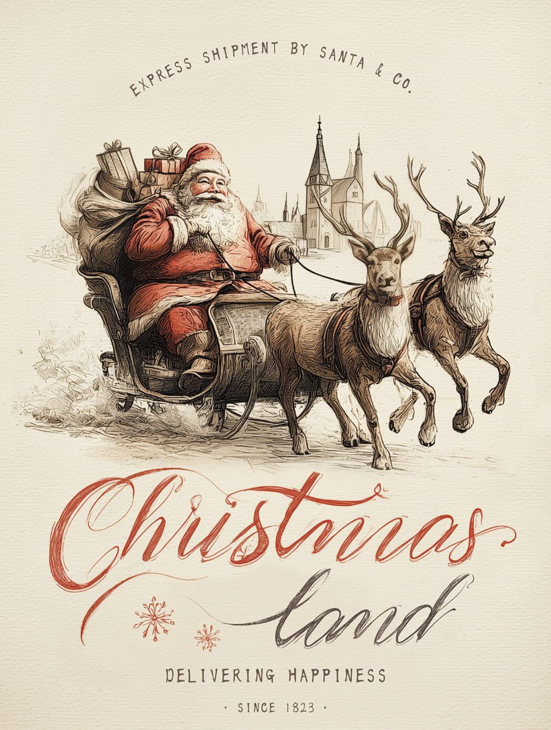 Poster de noel représentant le père noel et ses rennes en format 30x40cm