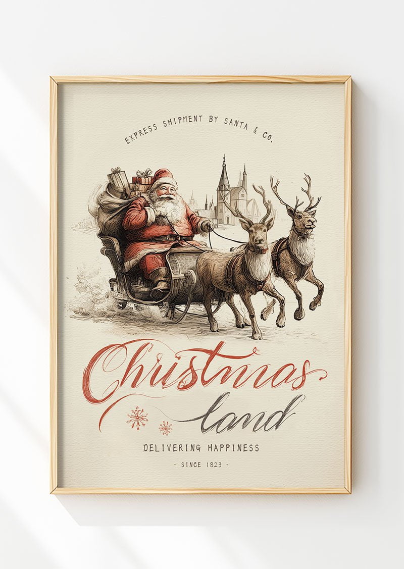 Affiche de noel représentant le pere noel sur son traineau avec ses rennes, dans un cadre
