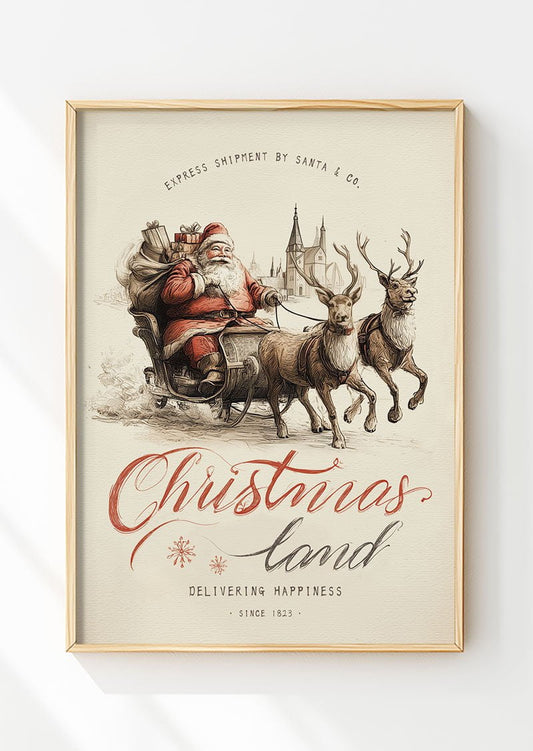 Affiche de noel représentant le pere noel sur son traineau avec ses rennes, dans un cadre