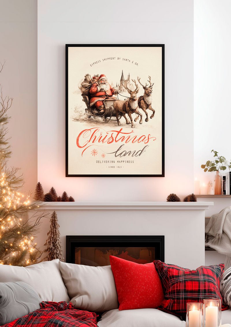 Affiche de noel du père noel et ses rennes encadrée dans un salon décoré pour les fetes