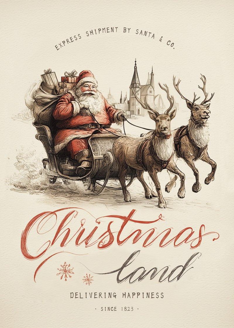 Affiche de noel du père noel dans son traineau rempli de cadeaux et ses rennes, avec typo rétro
