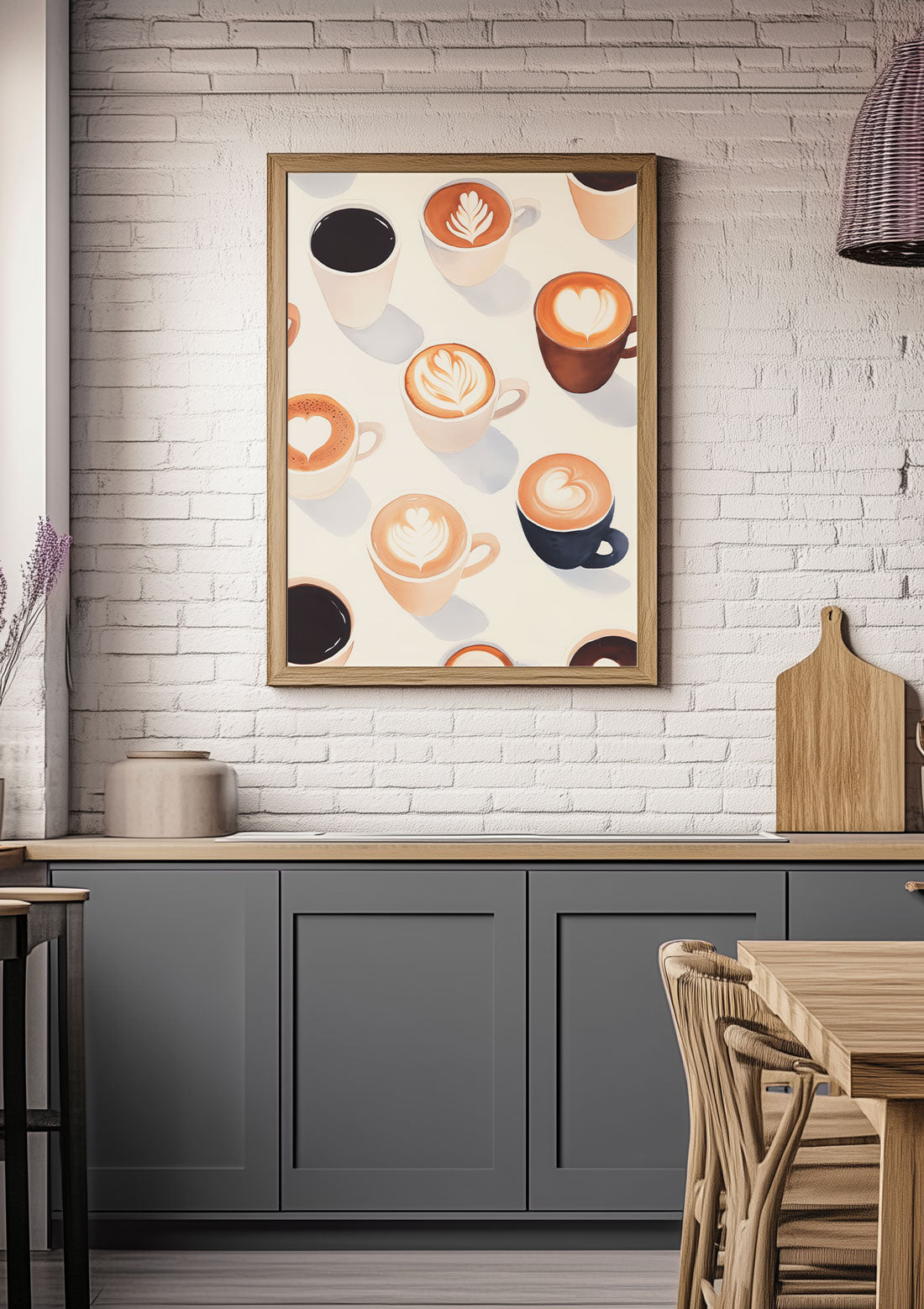Affiche cuisine café latte à l'aquarelle, encadrée dans une cuisine.