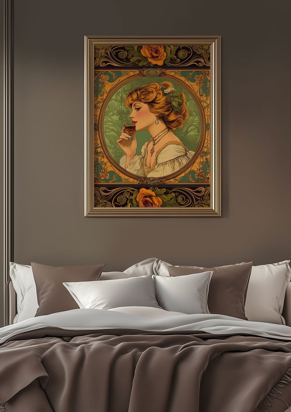 Affiche art déco 1930 inspirée de Mucha d'une femme au café, encadrée au-dessus d'un lit.