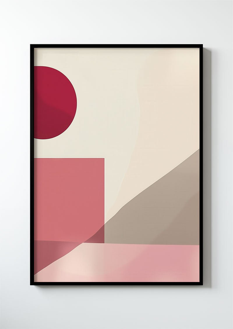 Poster contemporain d'abstraction minimaliste rose encadré dans un cadre noir.