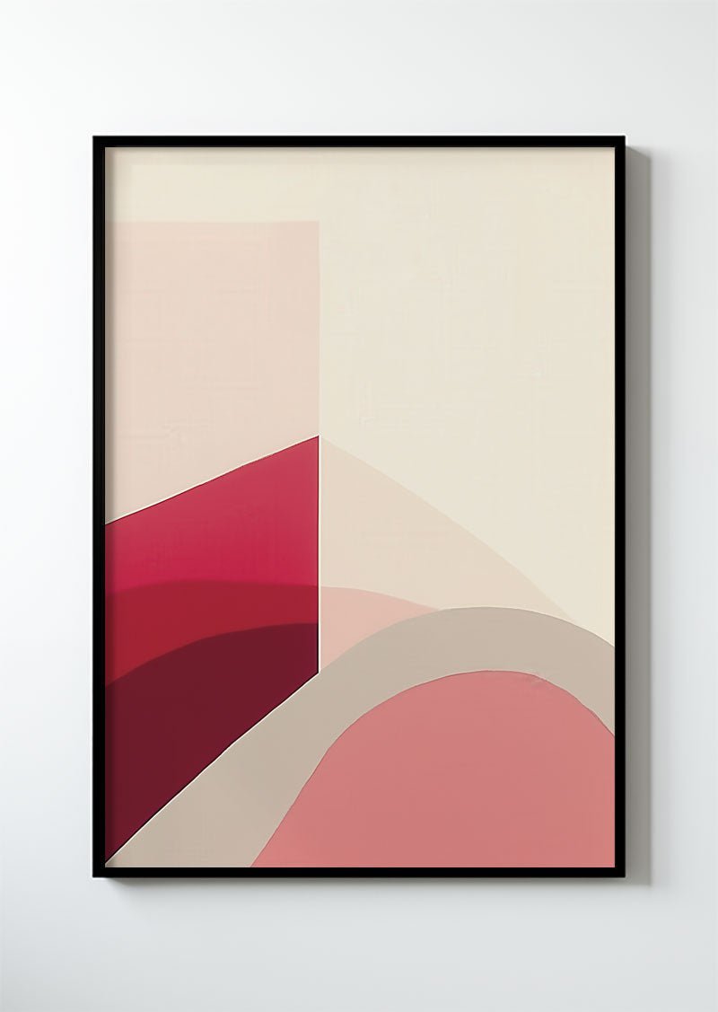 Poster mural contemporain géométriques Wabi-sabi, de couleurs rose, rouge et beige dans un cadre.