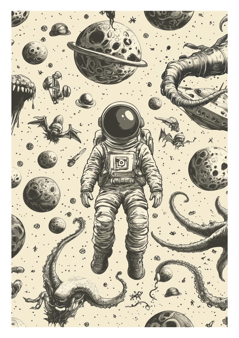 Affiche illustration d'un cosmonaute au milieu de planètes et tentacules, noir sur fond beige.