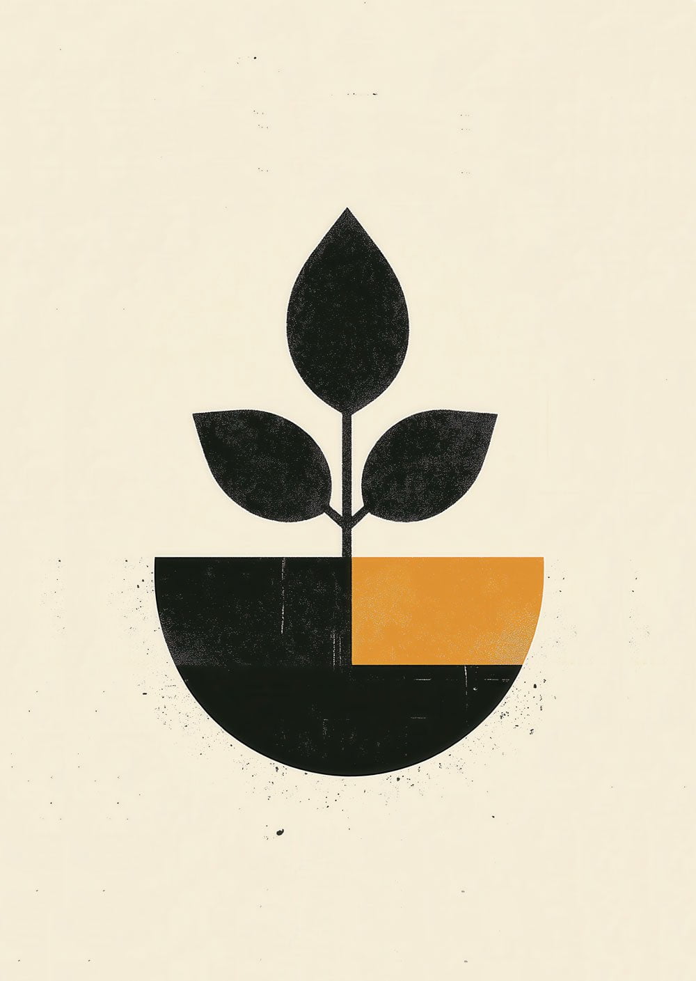 Affiche Bauhaus d'une plante géométrique noire et ocre sur fond crème beige.