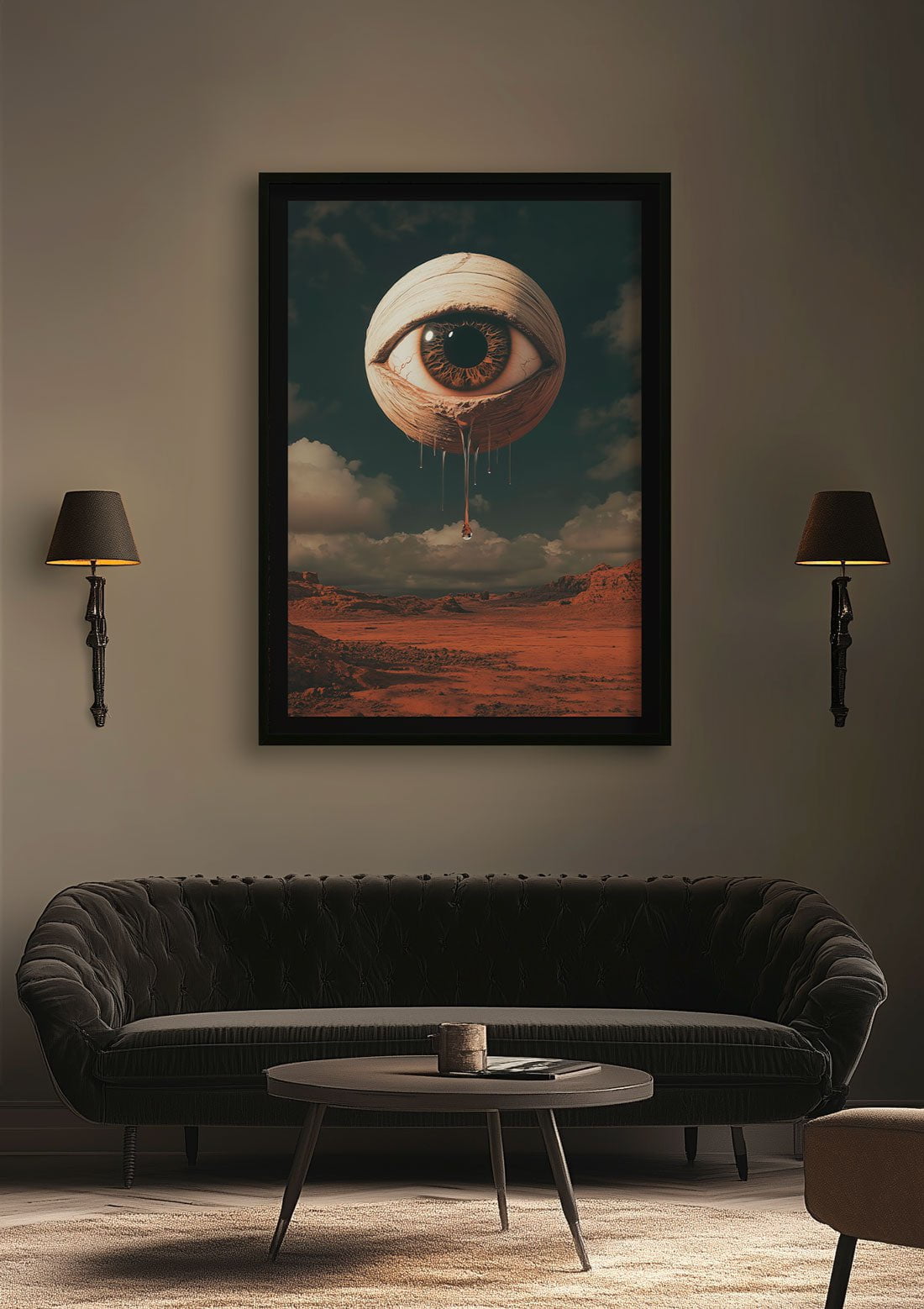 Affiche cabinet de curiosités d'un œil flottant dans les airs, encadrée dans un salon.