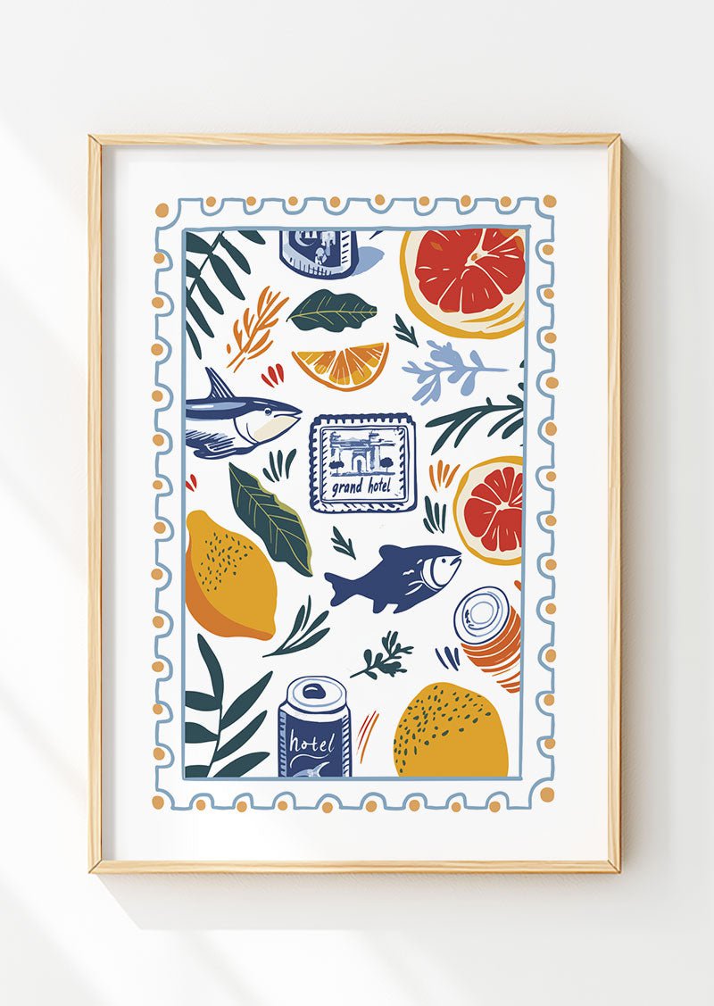 Poster murale été illustration de poissons et éléments italiens, dans un cadre en bois
