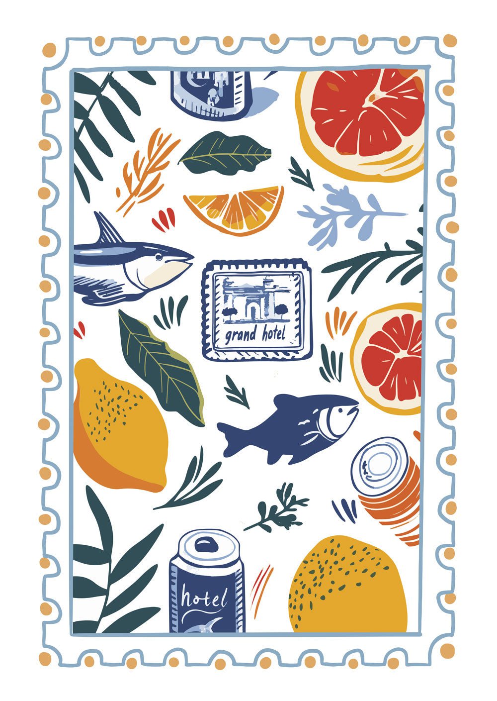 Affiche murale été illustrée de poissons agrumes feuillages et étiquette vintage