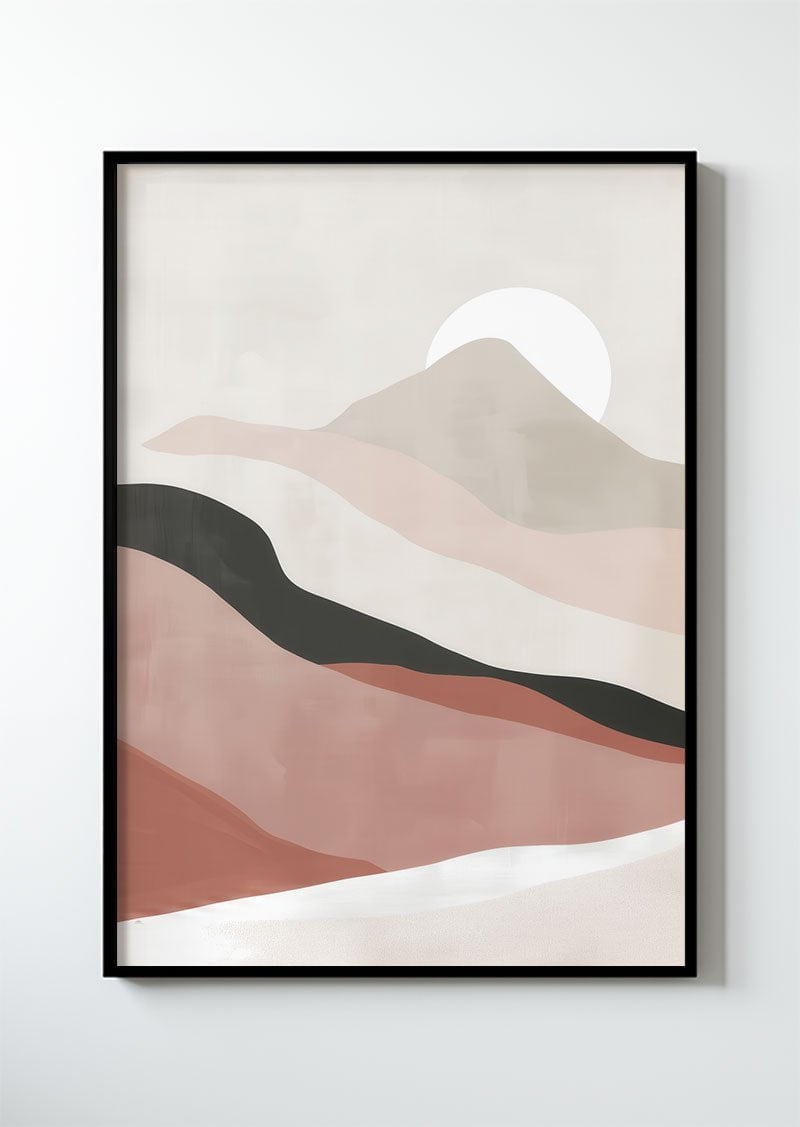 Poster contemporain de style Japandi, représentant une colline rose et beige dans un cadre.